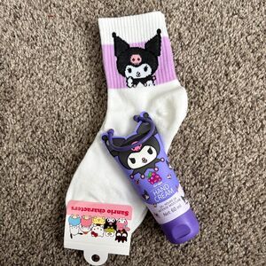 Sanrio Hello Kitty KUROMI Pair Crew Socks & Kuromi 60ml Grape 24 Hr. Hand Cream